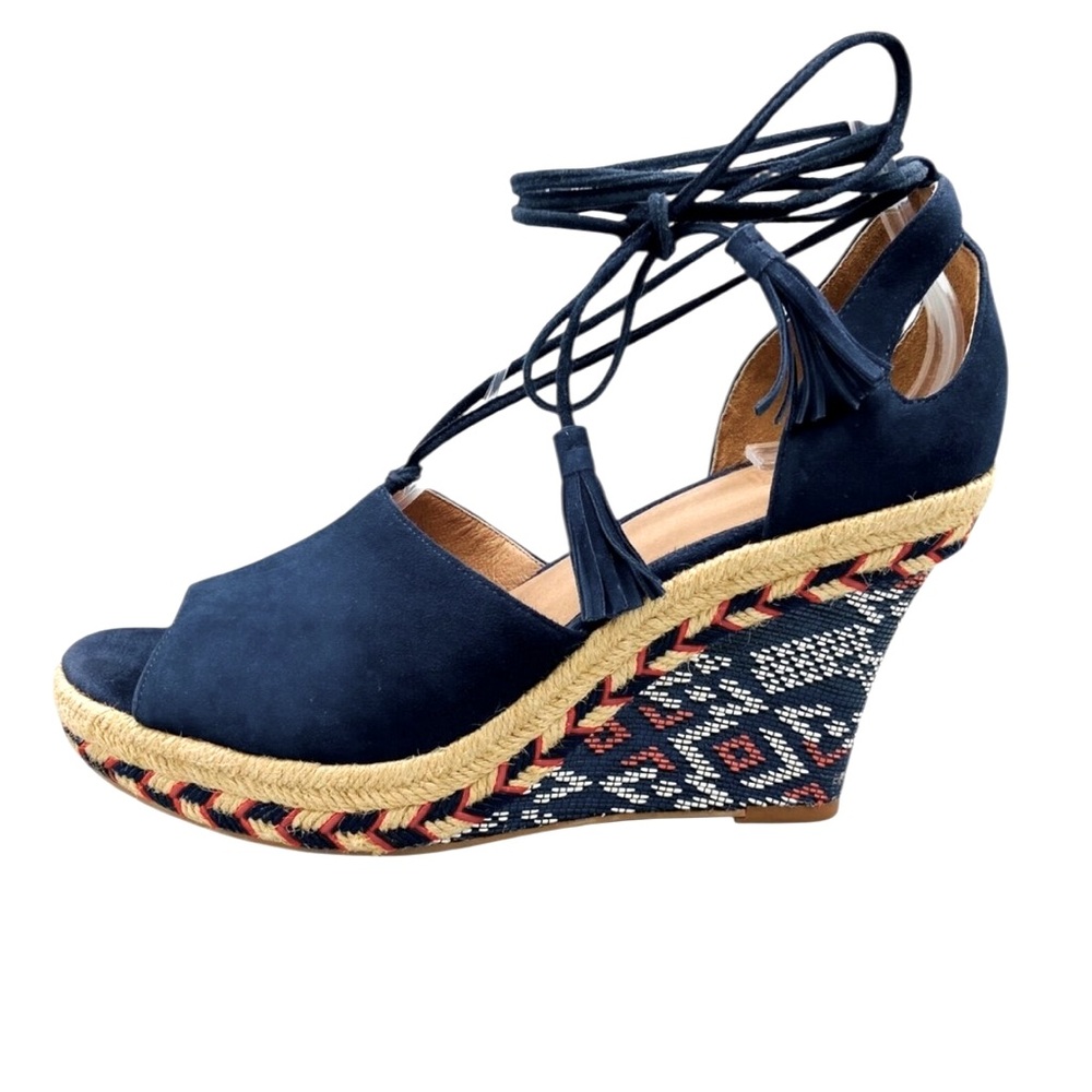 CABI 8M Women's Navy Blue Suede Aztec Isla Tassel Ankle Wedge Espadrille Sandals